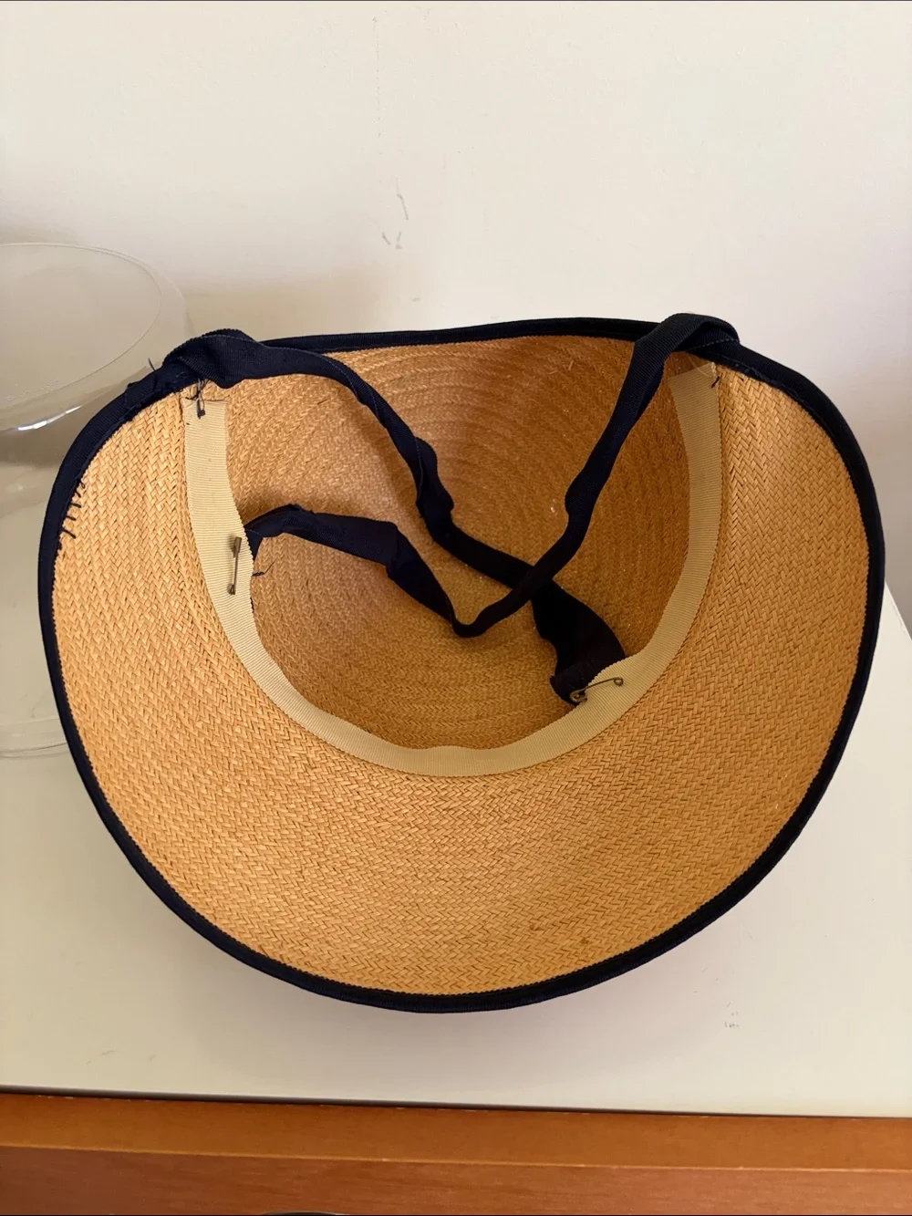Vintage Girl’s Straw Sun Hat with Navy Trim, Floral band & Navy Chin Straps